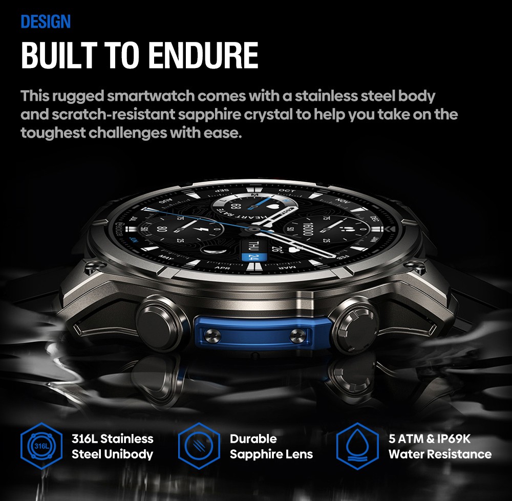 Zeblaze VIBE 8 Rugged Smartwatch, 1.43 inch AMOLED Display, Heart Rate & Sleep Monitoring, 100+ Workout Modes, Up to 60 Days Battery Life - Black