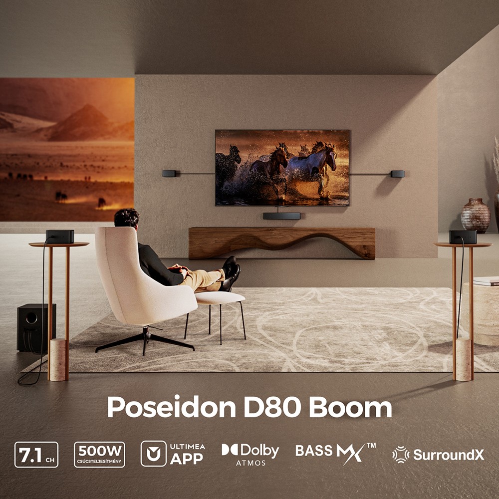 Ultimea Poseidon D80 Boom 7.1 Soundbar + 2 p&aacute;r * Steady 300 hangsz&oacute;r&oacute;&aacute;llv&aacute;ny, Dolby Atmos, 500 W cs&uacute;csteljes&iacute;tm&eacute;ny, alkalmaz&aacute;svez&eacute;rl&eacute;s, 10 s&aacute;vos hangsz&iacute;nszab&aacute;lyz&oacute; be&aacute;ll&iacute;t&aacute;s, 121 előre be&aacute;ll&iacute;tott EQ m&aacute;trix, Bluetooth 5.3