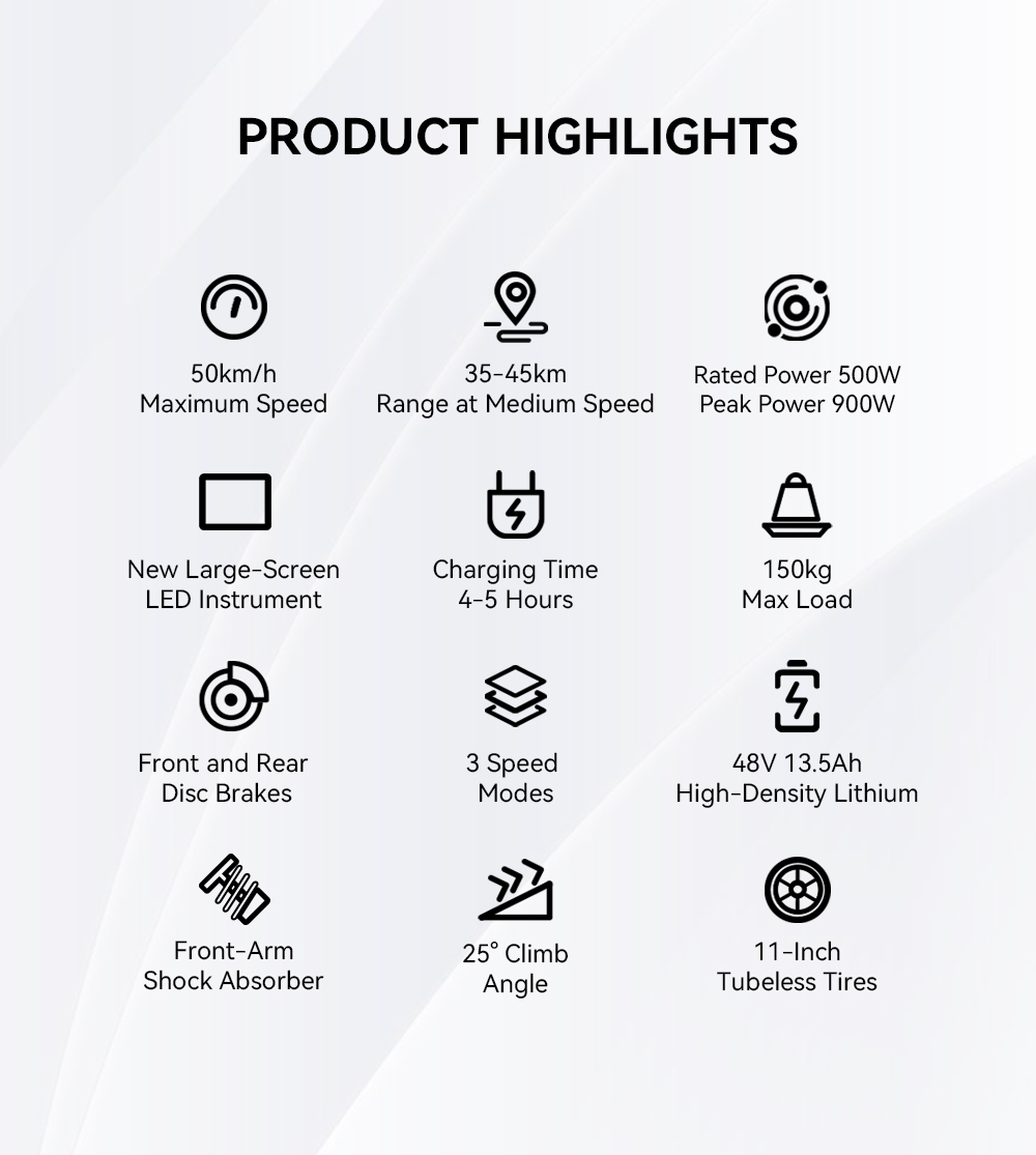 OOTD T10 Elektroroller, 500-W-Motor, 48-V-13,5-Ah-Akku, 11-Zoll-Reifen, 50 km/h Höchstgeschwindigkeit, 45 km Reichweite, Scheibenbremsen vorne und hinten, Federstoßdämpfer vorne und hinten