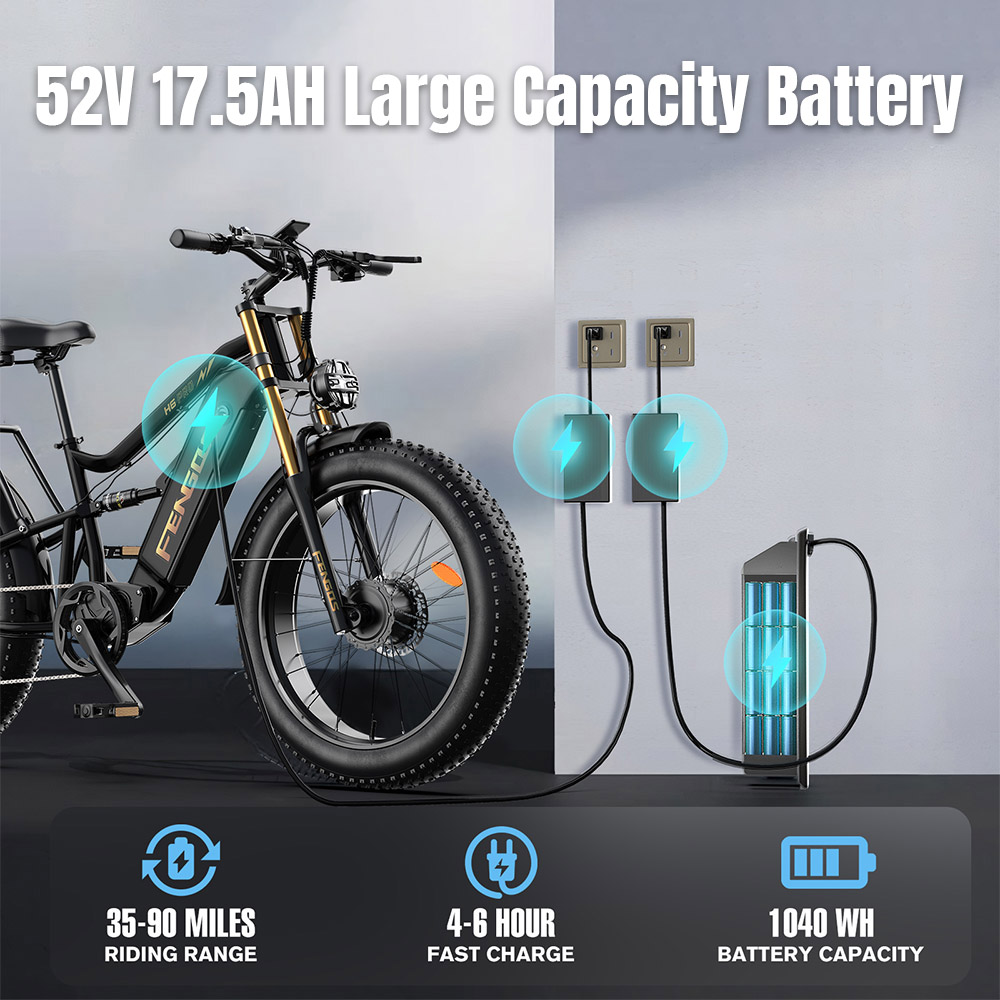 FENGQS H6PRO Elektrofahrrad, 2 Motoren mit 1000 W, 52 V 17.5 Ah Batterie, 26 x 4,0 Zoll Reifen, 60 km/h Höchstgeschwindigkeit, 140 km Reichweite, 7-Gang-Schaltung, LCD-Display - Schwarz Golden