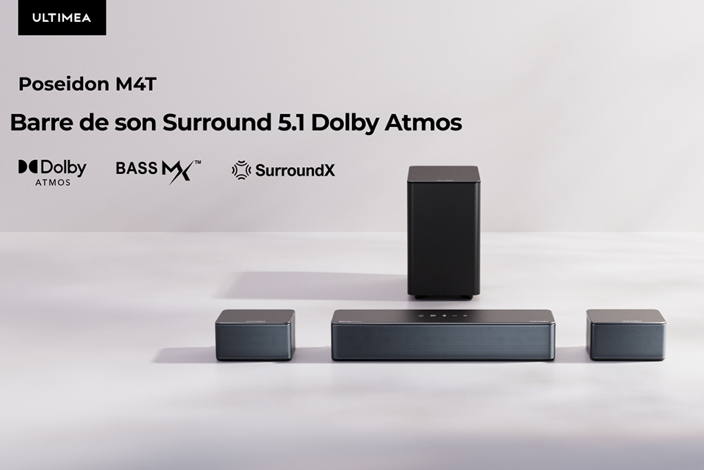 Ultimea Poseidon M4T 5.1 Barre de son + 1 paire de pieds d'enceintes Steady 300, Dolby Atmos, puissance de cr&ecirc;te de 450 W, niveau surround r&eacute;glable