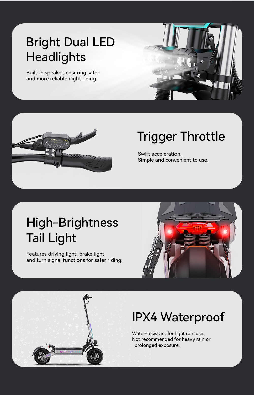 OOTD T90 Electric Scooter, 2100W*2 Motor, 60V 31.2Ah Battery, 13 inch Tires, 85km/h Max Speed, 100km Range, Hydraulic Disc Brakes, Front Dual Hydraulic Suspension & Rear Dual Spring Suspension