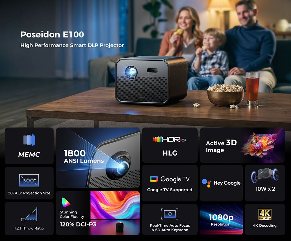 Ultimea Poseidon E100 Projector, 1800 ANSI, Native 1080P, 4K Decoding, Auto Focus & 6D Auto Keystone, Active 3D Image, 10W*2 Speakers, Google TV