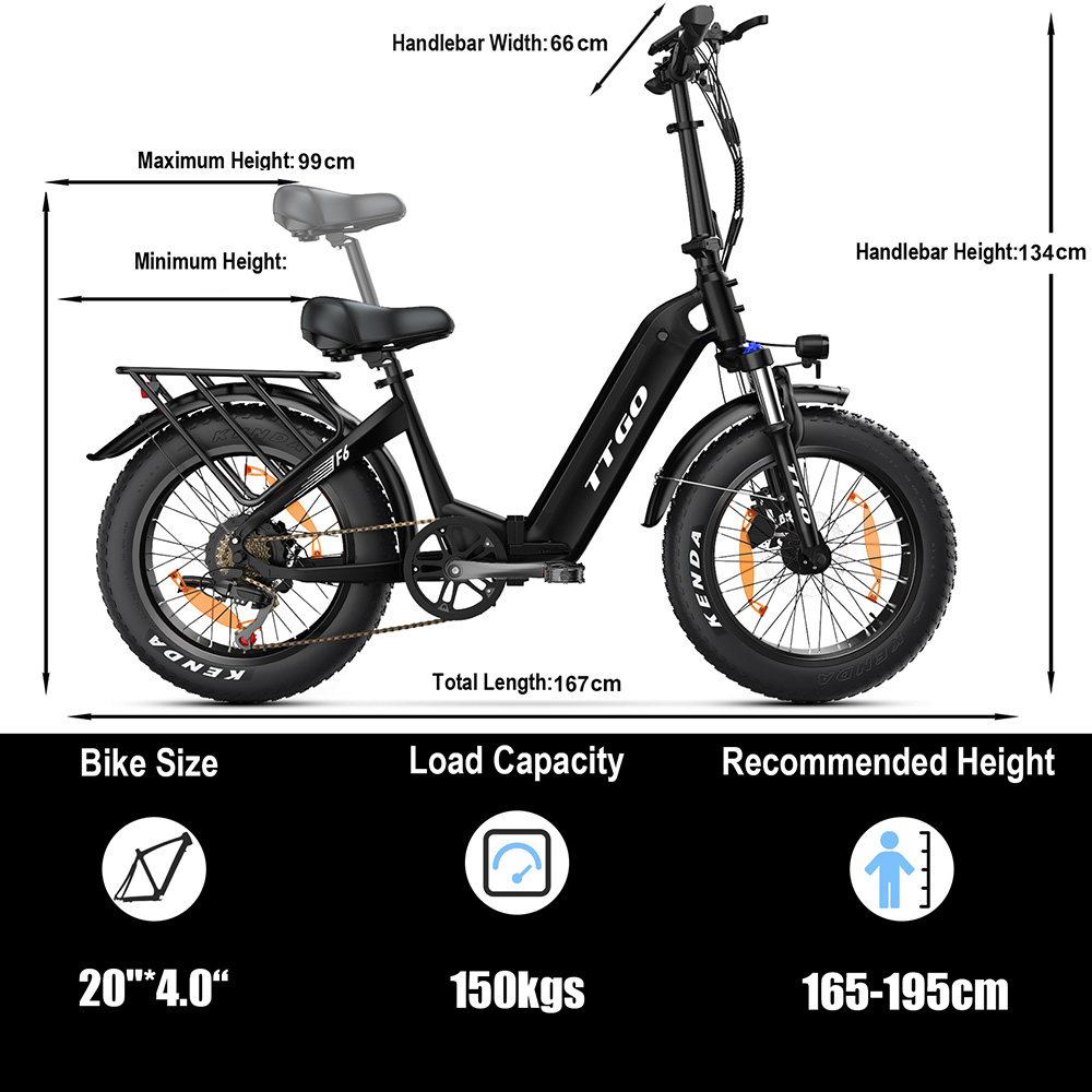 TTGO F6 elektromos kerékpár, 250 W-os motor, 36 V-os 25 Ah-s akkumulátor, 20 x 4 hüvelykes gumiabroncsok, 25 km/h maximális sebesség, 130 km-es hatótávolság, hidraulikus tárcsafék, első lengéscsillapító, nyomatékérzékelő, Shimano 7 sebességes váltó, LCD kijelző - kék