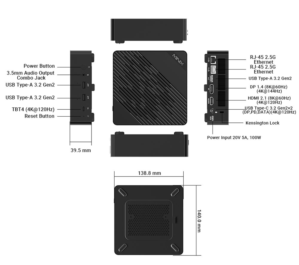 MINIX Elite EU715-AI Mini PC, Intel Core Ultra 7-155H 8 Cores Max 4.8GHz, 32GB DDR5 RAM 1TB SSD, HDMI + DP + Thunderbolt 4 + Type - C Quad 4K@60Hz Display, WiFi 6E, Bluetooth 5.3, 2*2.5G RJ45, 3*USB3.2, 1*Audio Jack - US Plug