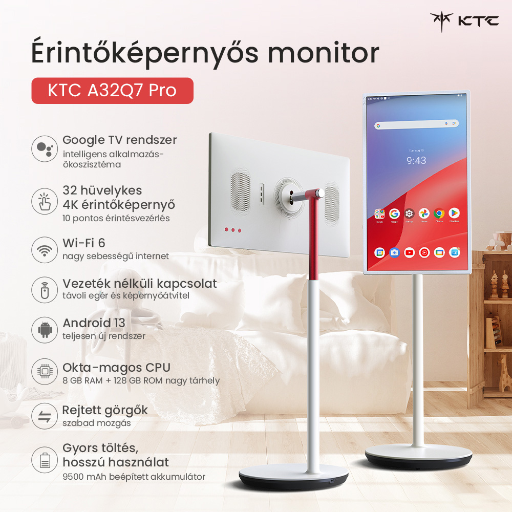 KTC A32Q7 Pro Mobil Monitor, 32'' 4K &Eacute;rintők&eacute;pernyő, WiFi6, Android 13, RK3588S 8 Core, Google EDLA Tan&uacute;s&iacute;tv&aacute;ny, 9500mAh Akkumul&aacute;tor, 8GB RAM 128GB ROM, &Aacute;ll&iacute;that&oacute; Dől&eacute;ssz&ouml;gek, 1*HDMI 2.0, 1*USB 3.0, 1*USB 2.0
