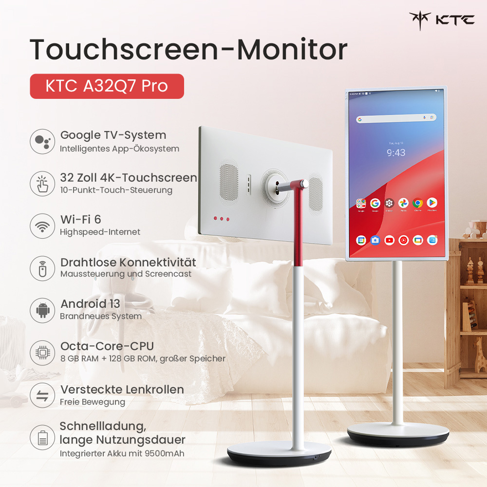 KTC A32Q7 Pro Mobiler Monitor, 32'' 4K Touchscreen, WiFi6, Android 13, RK3588S 8 Core, Google EDLA-Zertifizierung, 9500 mAh Akku, 8 GB RAM 128 GB ROM, einstellbare Winkel, 1 * HDMI 2.0, 1 * USB 3.0, 1 * USB 2.0