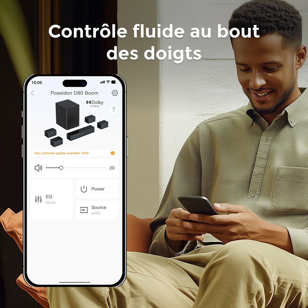 Ultimea Poseidon D80 Boom 7.1 Barre de son avec caisson de basses, Dolby Atmos, puissance de cr&ecirc;te de 500 W, contr&ocirc;le via application, &eacute;galiseur 10 bandes, 121 matrices d'&eacute;galisation pr&eacute;d&eacute;finies, Bluetooth 5.3