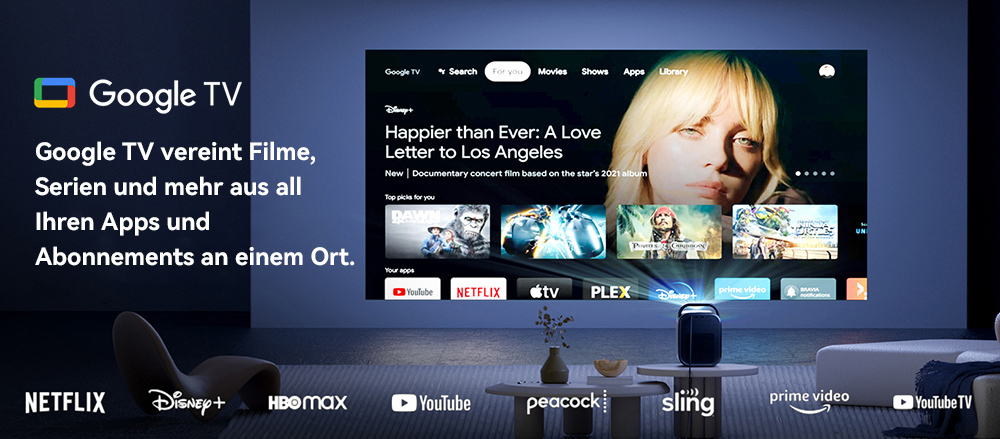 [Netflix- und Google TV-zertifiziert] ETOE Seal Pro-Projektor, 1000 ANSI, Google TV, Dolby Audio-zertifiziert, natives 1080P, automatische Trapezkorrektur, 2 x 10 W Lautsprecher, integrierter Chromecast, Google Assistant