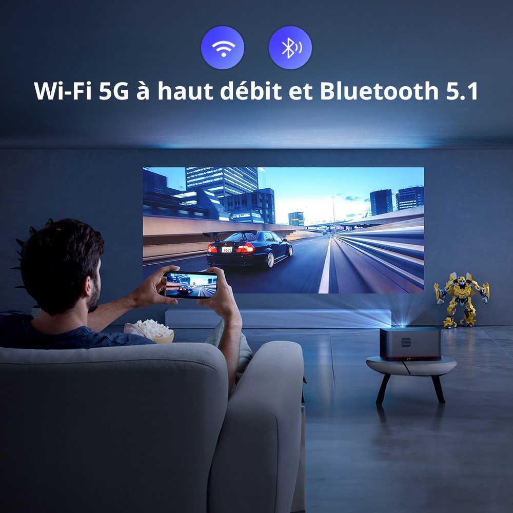 Projecteur TV Android ETOE Whale Pro, r&eacute;solution native 1080p, 1500 ANSI, d&eacute;codage 4K, mise au point automatique et correction trap&eacute;zo&iuml;dale automatique, 2 haut-parleurs st&eacute;r&eacute;o 10 W, Wi-Fi double bande