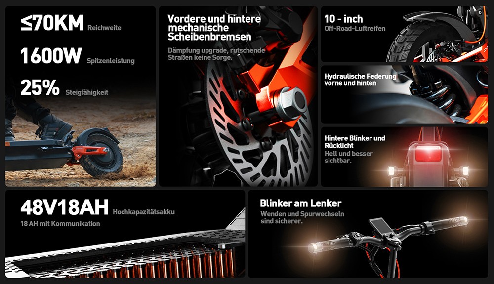 Joyor T6E Elektroroller mit ABE-Zertifizierung, 500-W-Motor, 48-V-18-Ah-Akku, 10-Zoll-Reifen, 20 km/h H&ouml;chstgeschwindigkeit, 70 km Reichweite, mechanische Scheibenbremsen vorne und hinten, hydraulische Federsto&szlig;d&auml;mpfer vorne und hinten