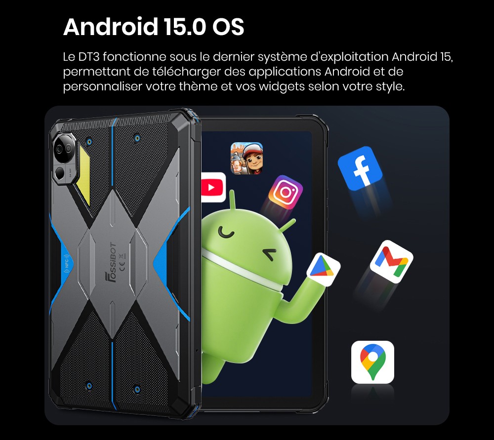 FOSSiBOT DT3 5G Tablette robuste, Android 15, &eacute;cran 10,4 pouces, 12 Go de RAM, 256 Go de ROM, Wi-Fi 6, batterie 21 560 mAh, charge rapide 66 W, appareil photo 64 Mpx + 32 Mpx, d&eacute;verrouillage par empreinte digitale et reconnaissance faciale - Bleu