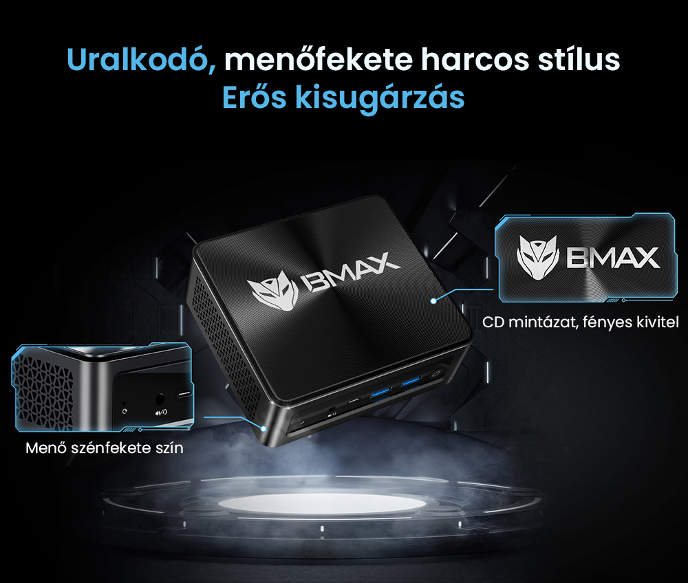 BMAX B9 Power Mini PC, Intel Core i9-12900H 14 mag, max. 5,0 GHz, 32 GB RAM, 1 TB SSD, DP+HDMI+C t&iacute;pus&uacute; 4K h&aacute;romkijelző, dinamikus HDR t&aacute;mogat&aacute;s, WiFi 6, Bluetooth 5.2, 2*USB 3.2, 2*USB 2.0, 1*RJ45, 1*3,5 mm-es fejhallgat&oacute;-csatlakoz&oacute;, Space Capsule hűtőrendszer