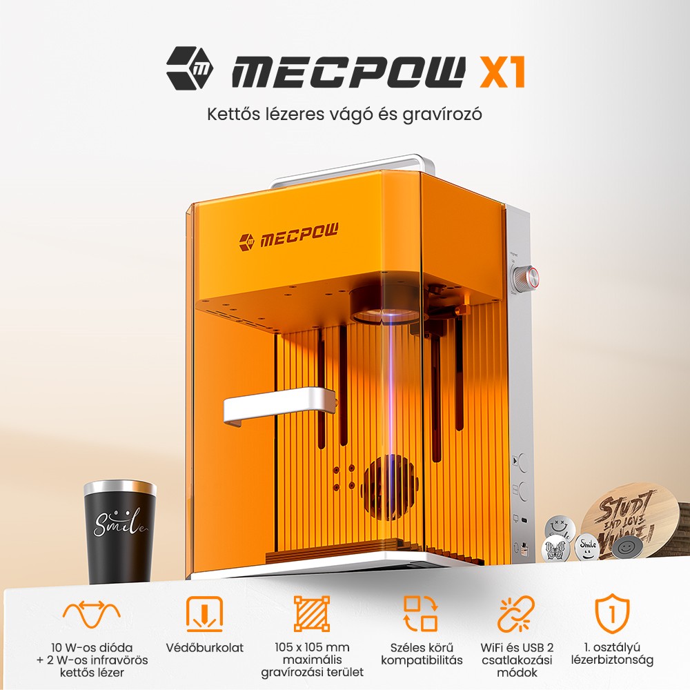 Mecpow X1 kettős l&eacute;zerv&aacute;g&oacute; &eacute;s grav&iacute;roz&oacute;, 2 W-os infrav&ouml;r&ouml;s &eacute;s 10 W-os di&oacute;da, 5000 mm/s sebess&eacute;g, 105 &times; 105 mm