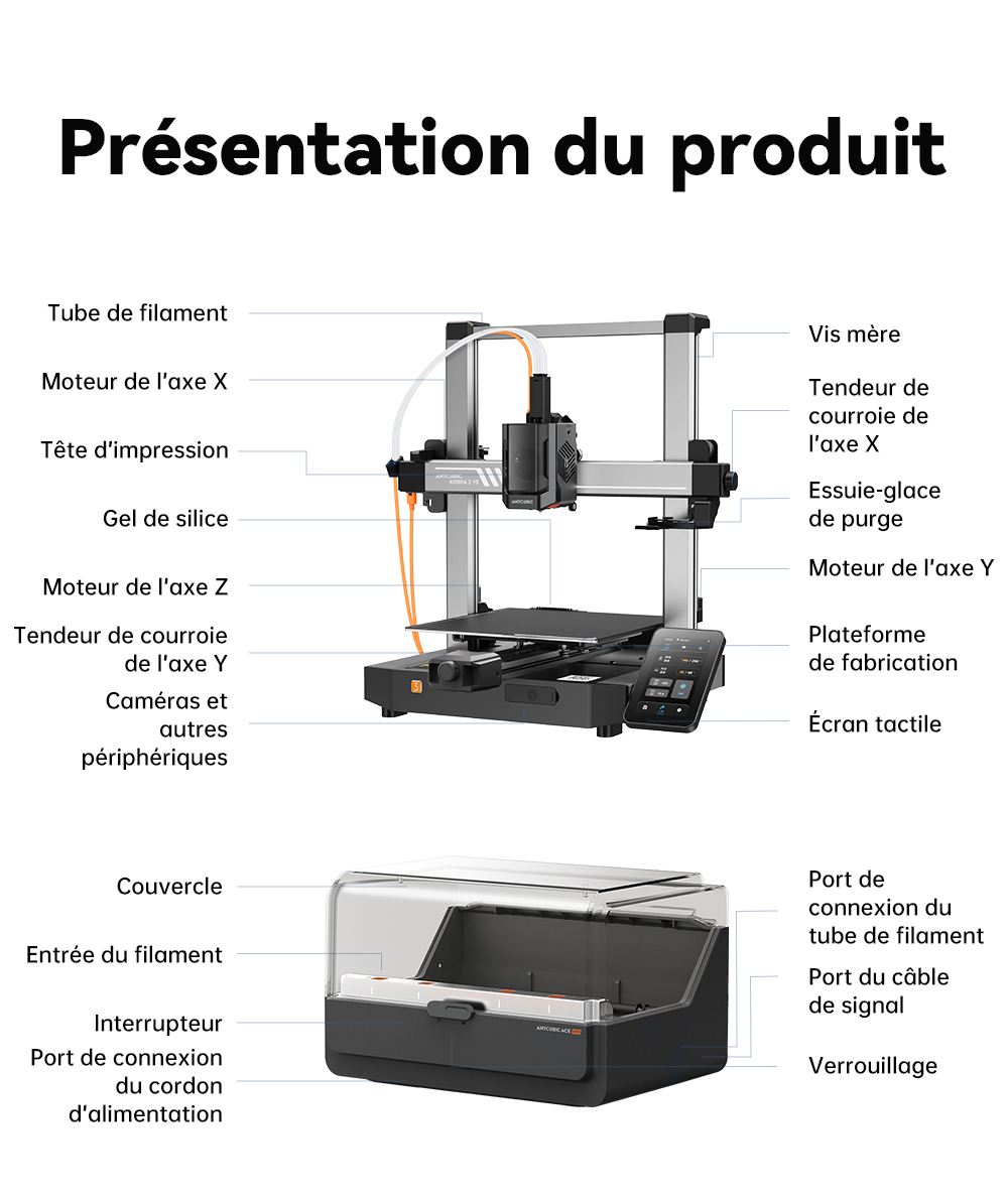 Imprimante 3D Anycubic Kobra 3 V2 Combo, ACE Pro Multicolore, cam&eacute;ra 720p, vitesse 600 mm/s, nivellement automatique, s&eacute;chage du filament, 255 x 255 x 260 mm