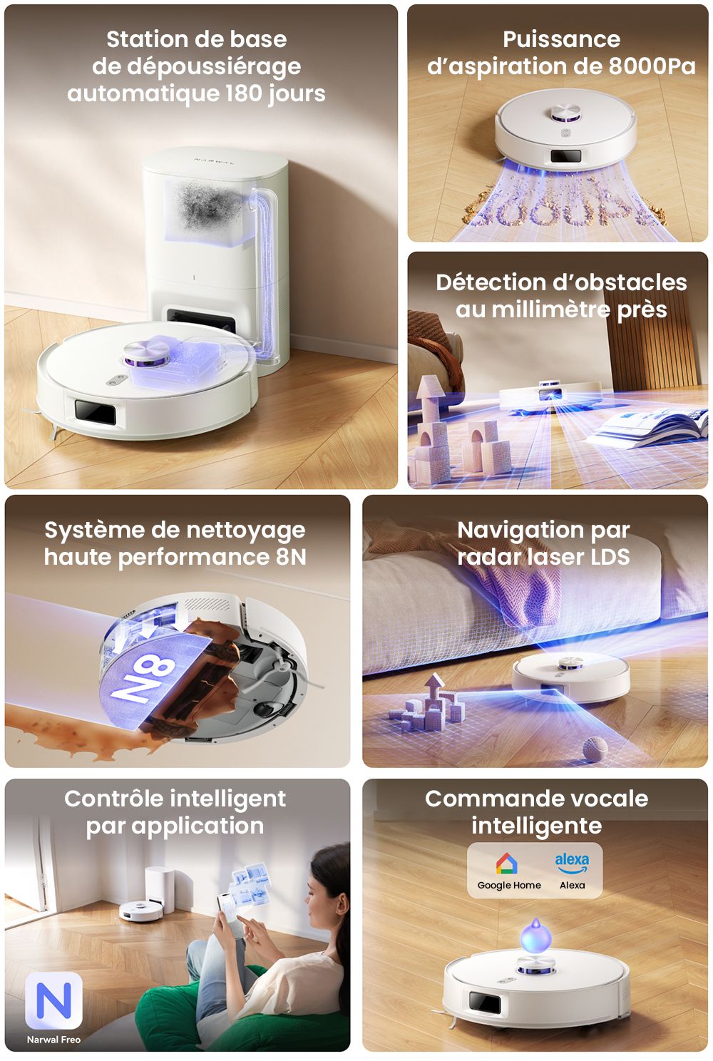 Aspirateur robot Narwal Freo S, d&eacute;poussi&eacute;rage automatique, aspiration 8&nbsp;000 Pa, navigation intelligente et commande vocale