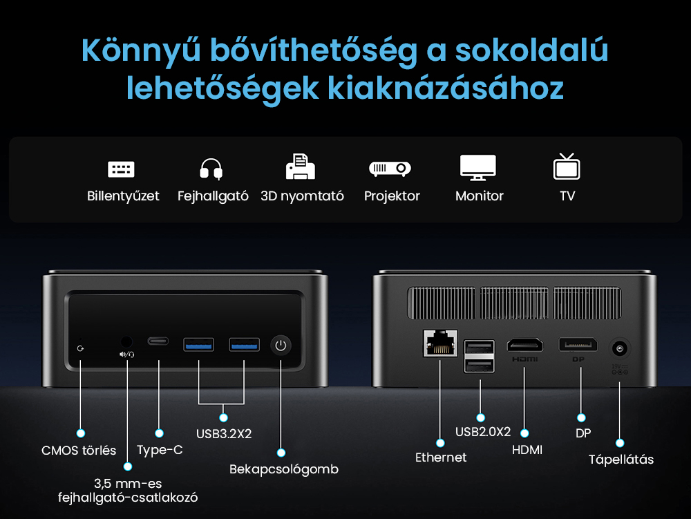 BMAX B9 Power Mini PC, Intel Core i9-12900H 14 mag, max. 5,0 GHz, 32 GB RAM, 1 TB SSD, DP+HDMI+C t&iacute;pus&uacute; 4K h&aacute;romkijelző, dinamikus HDR t&aacute;mogat&aacute;s, WiFi 6, Bluetooth 5.2, 2*USB 3.2, 2*USB 2.0, 1*RJ45, 1*3,5 mm-es fejhallgat&oacute;-csatlakoz&oacute;, Space Capsule hűtőrendszer