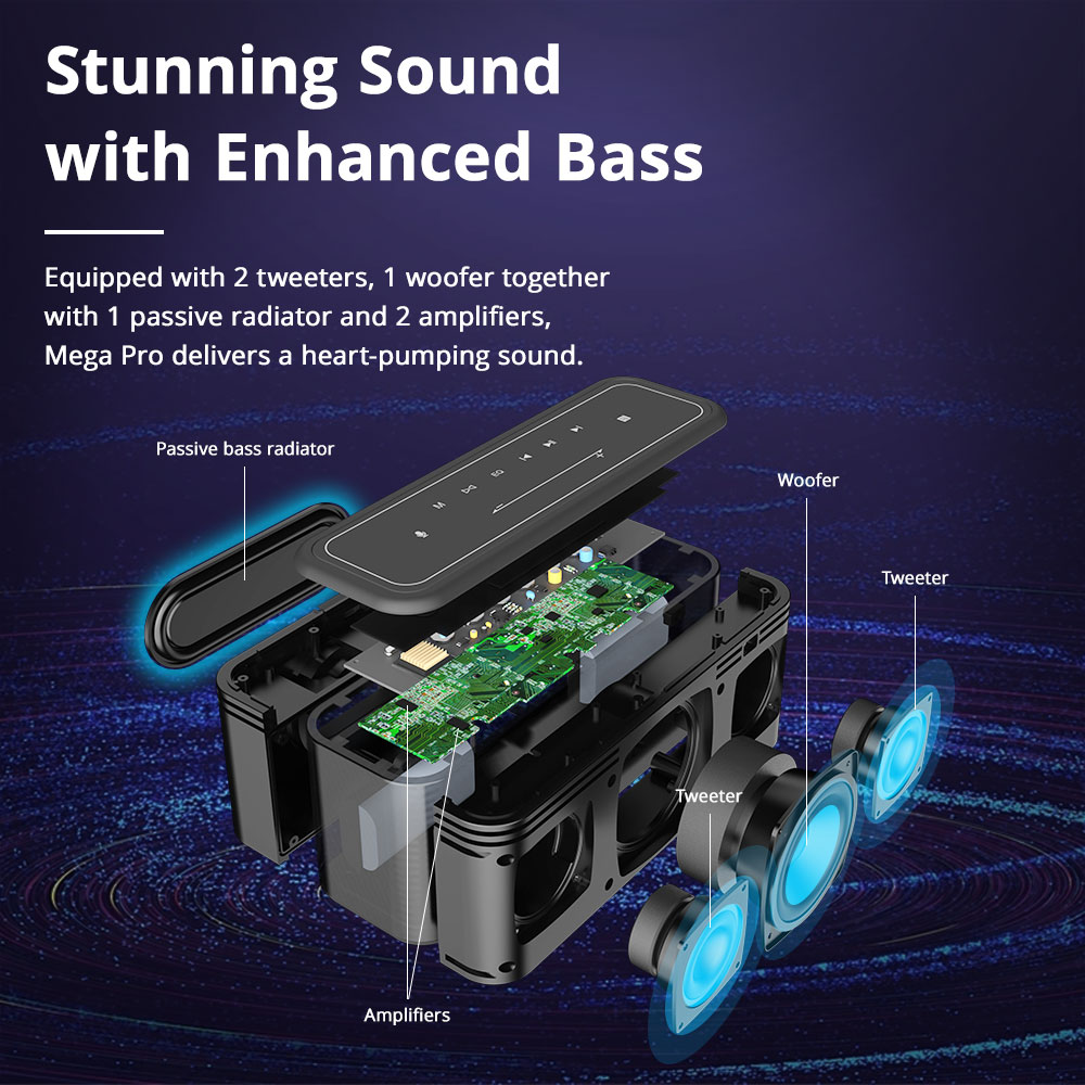 Tronsmart Mega Pro 60W-os vezet&eacute;k n&eacute;lk&uuml;li hangsz&oacute;r&oacute; SoundPulse IPX5 hangseg&eacute;d NFC TWS p&aacute;ros&iacute;t&aacute;ssal