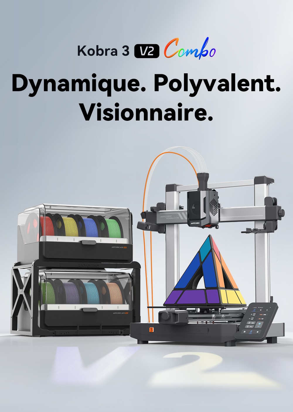 Imprimante 3D Anycubic Kobra 3 V2 Combo, ACE Pro Multicolore, cam&eacute;ra 720p, vitesse 600 mm/s, nivellement automatique, s&eacute;chage du filament, 255 x 255 x 260 mm