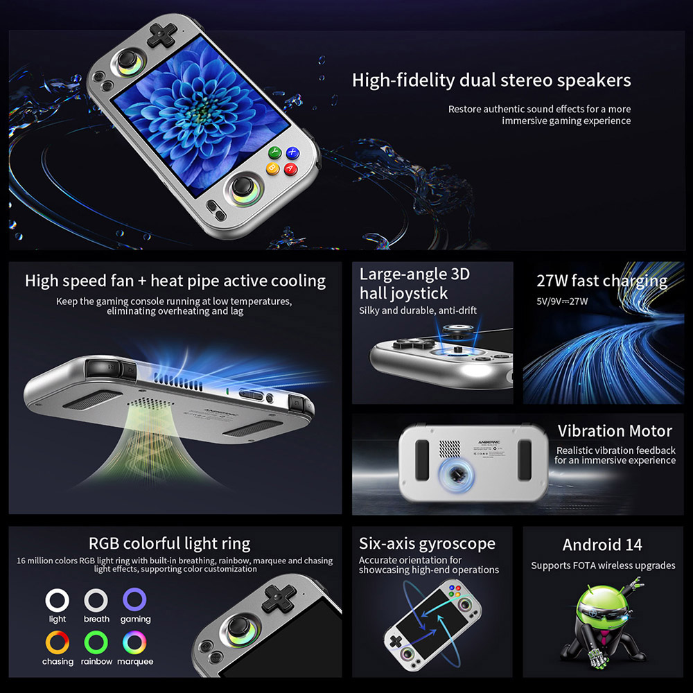 ANBERNIC RG477M AI Game Console, Android 14, 12GB RAM 256GB Storage, 4.7 inch 1280&times;960 LTPS Touchscreen, 120Hz Refresh Rate, WiFi 6E Bluetooth 5.3, 3D Hall joystick, 7 Hours of Playtime - Silver Blade
