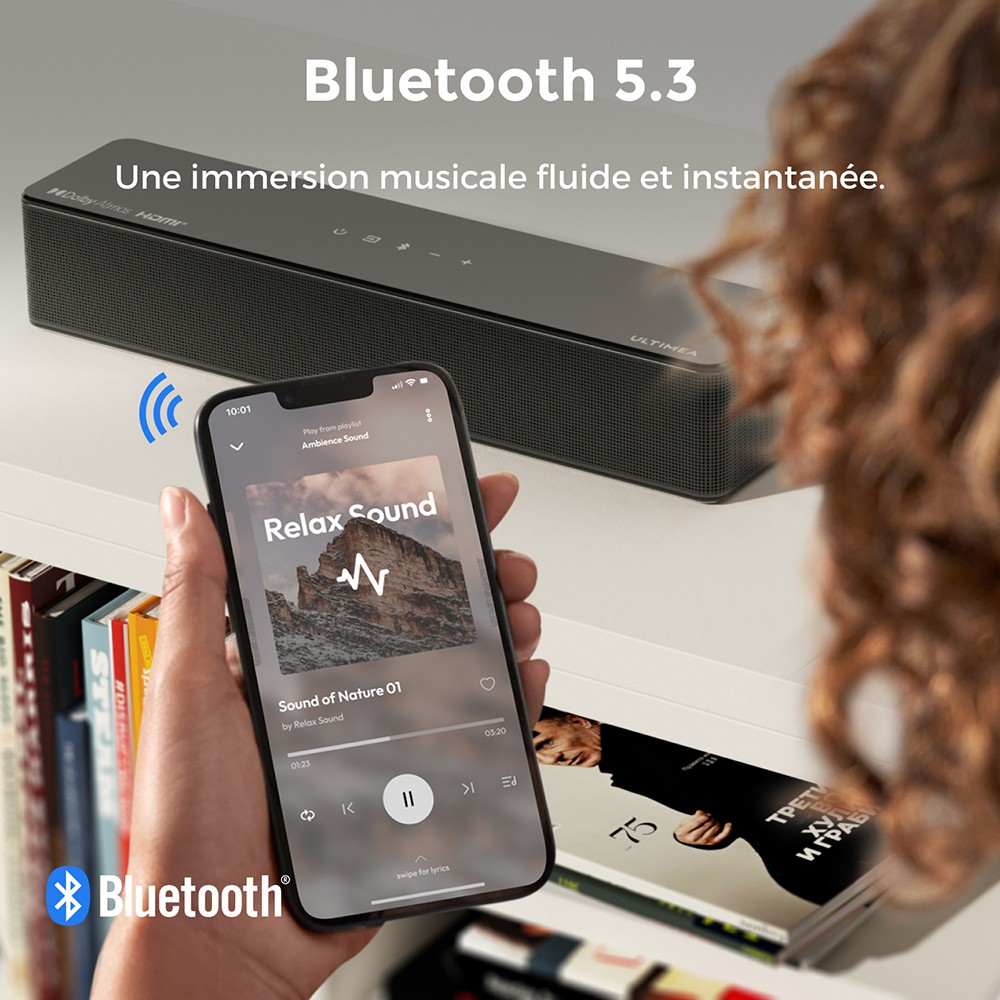 Ultimea Poseidon D80 Boom 7.1 Barre de son avec caisson de basses, Dolby Atmos, puissance de cr&ecirc;te de 500 W, contr&ocirc;le via application, &eacute;galiseur 10 bandes, 121 matrices d'&eacute;galisation pr&eacute;d&eacute;finies, Bluetooth 5.3