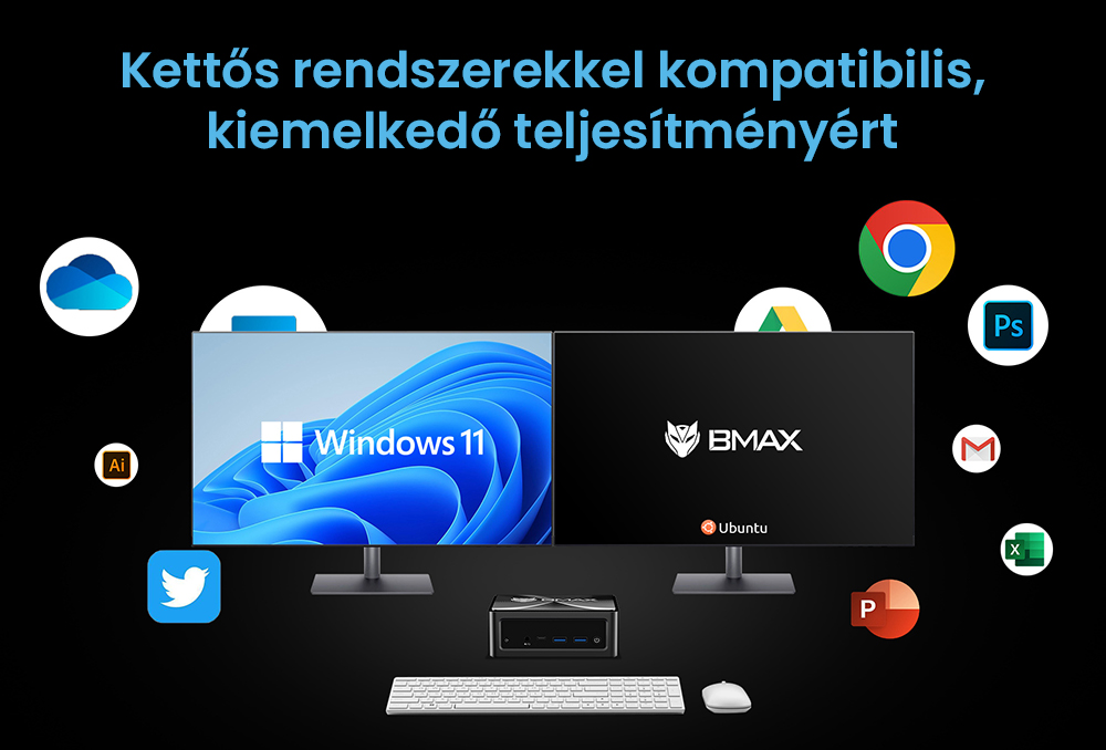 BMAX B9 Power Mini PC, Intel Core i9-12900H 14 mag, max. 5,0 GHz, 32 GB RAM, 1 TB SSD, DP+HDMI+C t&iacute;pus&uacute; 4K h&aacute;romkijelző, dinamikus HDR t&aacute;mogat&aacute;s, WiFi 6, Bluetooth 5.2, 2*USB 3.2, 2*USB 2.0, 1*RJ45, 1*3,5 mm-es fejhallgat&oacute;-csatlakoz&oacute;, Space Capsule hűtőrendszer