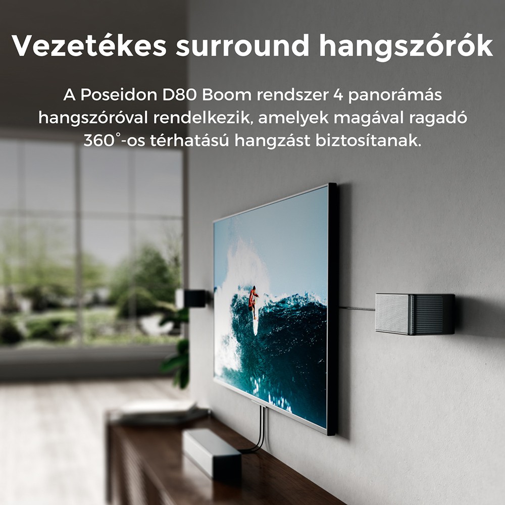 Ultimea Poseidon D80 Boom 7.1 Soundbar + 2 p&aacute;r * Steady 300 hangsz&oacute;r&oacute;&aacute;llv&aacute;ny, Dolby Atmos, 500 W cs&uacute;csteljes&iacute;tm&eacute;ny, alkalmaz&aacute;svez&eacute;rl&eacute;s, 10 s&aacute;vos hangsz&iacute;nszab&aacute;lyz&oacute; be&aacute;ll&iacute;t&aacute;s, 121 előre be&aacute;ll&iacute;tott EQ m&aacute;trix, Bluetooth 5.3