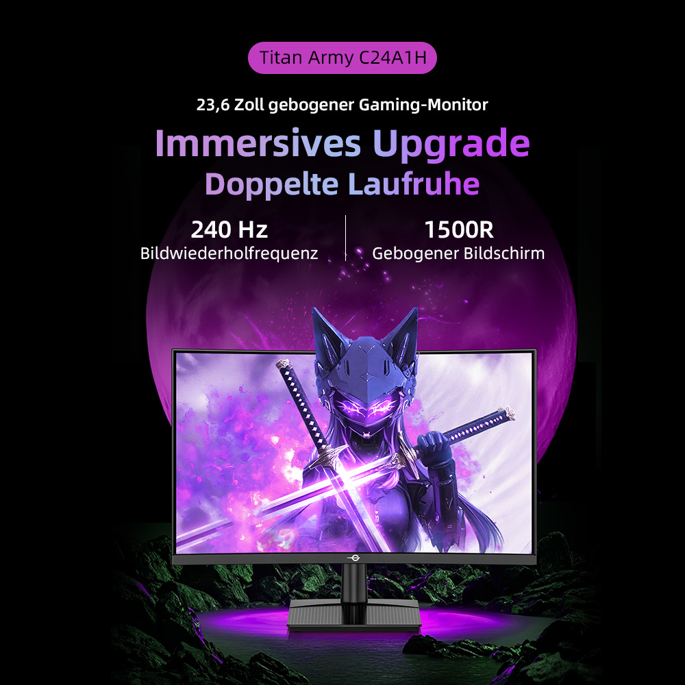 TITAN ARMY C24A1H Gaming-Monitor, 23,6 Zoll 1500R Curved VA-Bildschirm, 1920 x 1080, 240 Hz Bildwiederholfrequenz, Dynamic OD, FreeSync, HDR10, 10 Szenario-Modi, 96 % sRGB, Game+, 1 * HDMI 2.0, 1 * DP1.2, 1 * Audio, Low Blue Light