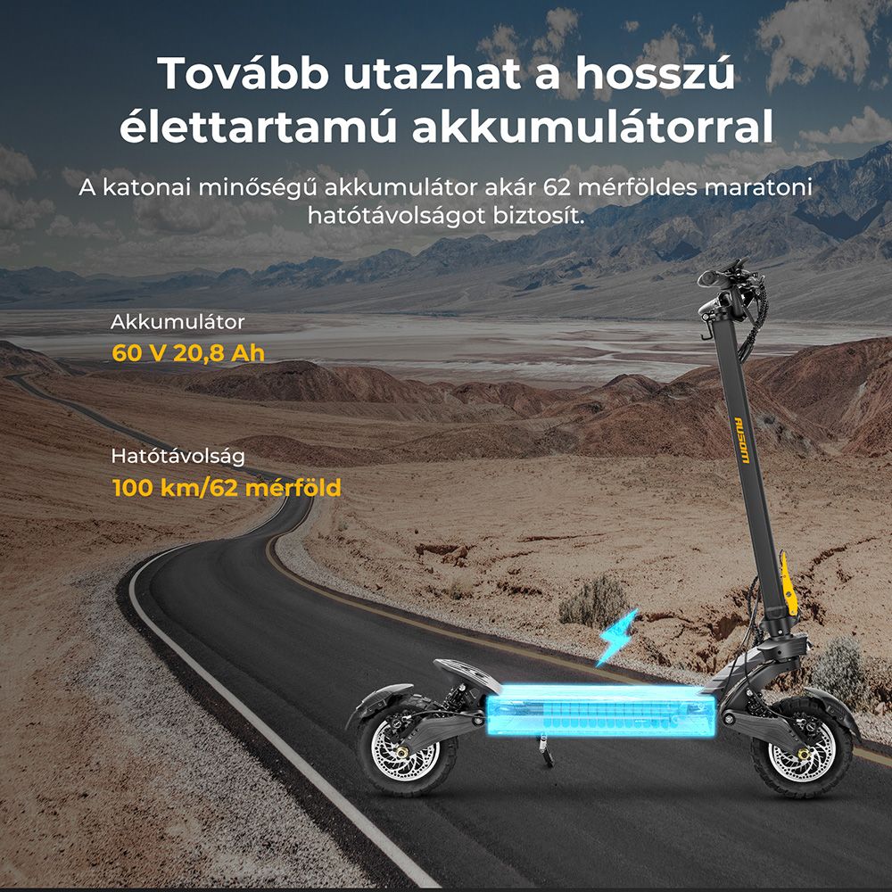 Ausom F1 Max Elektromos Roller, 2*1400W-os Motor, 60V 20.8Ah Akkumul&aacute;tor, 10 colos Gumiabroncsok, 72km/h Max. Sebess&eacute;g, 100km Max. Hat&oacute;t&aacute;vols&aacute;g, Első &eacute;s H&aacute;ts&oacute; Hidraulikus T&aacute;rcsaf&eacute;kek, NFC &eacute;s Jelsz&oacute;k&oacute;dos Z&aacute;rol&aacute;s