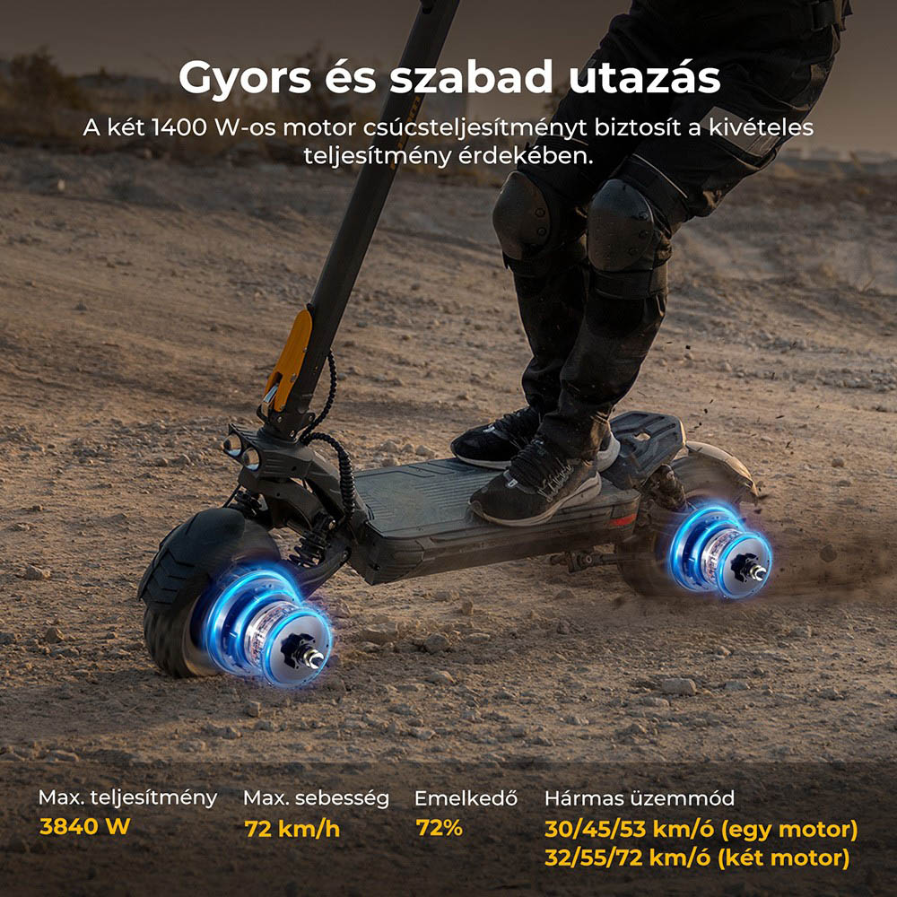 Ausom F1 Max Elektromos Roller, 2*1400W-os Motor, 60V 20.8Ah Akkumul&aacute;tor, 10 colos Gumiabroncsok, 72km/h Max. Sebess&eacute;g, 100km Max. Hat&oacute;t&aacute;vols&aacute;g, Első &eacute;s H&aacute;ts&oacute; Hidraulikus T&aacute;rcsaf&eacute;kek, NFC &eacute;s Jelsz&oacute;k&oacute;dos Z&aacute;rol&aacute;s