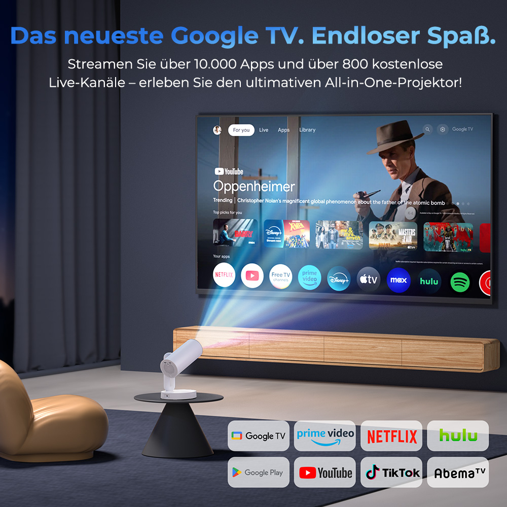 ETOE Starfish Plus-Projektor, integriertes Google TV, 140&deg;-Drehung, natives 1080p, 300 ANSI, 4K-Dekodierung, Touch-Nachtlicht, automatische Trapezkorrektur und Autofokus