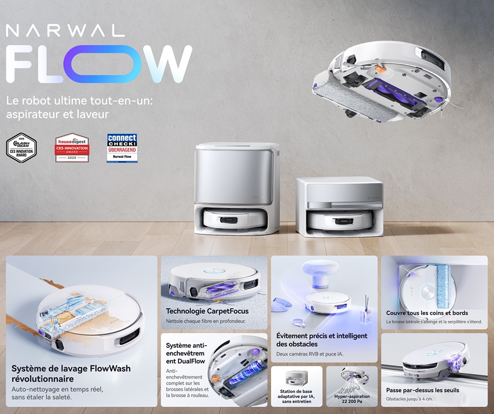 Narwal Freo Flow Aspirateur Robot et Serpilli&egrave;re, Aspiration 22 000Pa, &Eacute;vitement d&rsquo;Obstacles par IA &agrave; Double Cam&eacute;ra, Serpilli&egrave;re &agrave; Eau Chaude, Nettoyage des Tapis et Bords, Vidage Automatique, Sac &agrave; Poussi&egrave;re 2,5L, Commande Vocale - Blanc