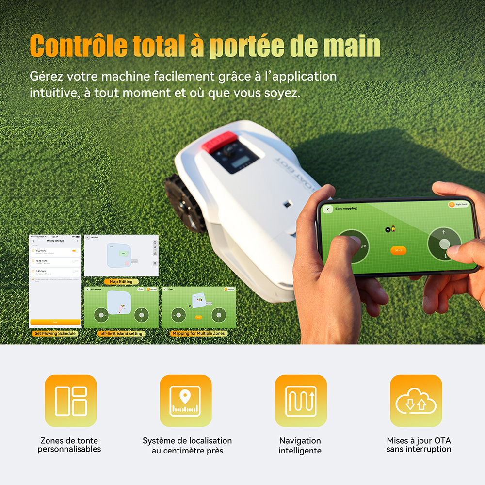 Goat Bot Unicut H1 Tondeuse robot sans fil jusqu'à 1 500 m², sans fil périphérique, cartographie précise RTK+VSLAM, évitement d'obstacles par IA, contrôle par application, protection anti-hérisson, étanchéité IPX6 - Blanc