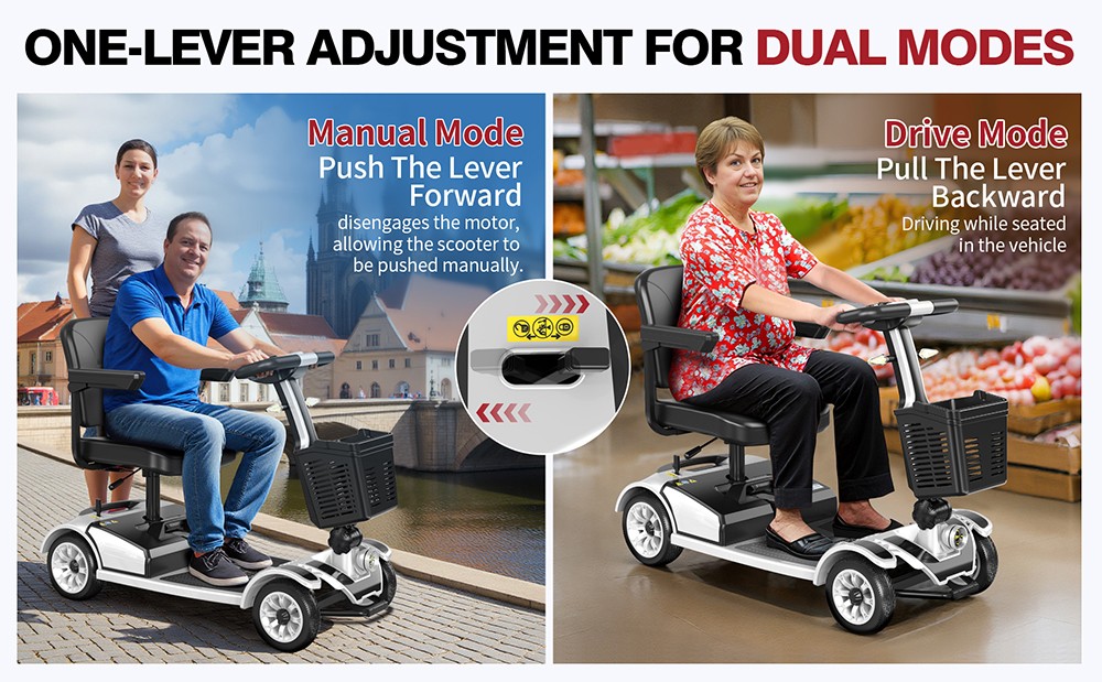 Unificare Mate Négykerekű Roller Időseknek, 250 W-os Motor, 24 V 20 Ah Akkumulátor, Elöl 8 hüvelykes és Hátul 9 hüvelykes Gumiabroncsok, 7,8 km/h Max Sebesség, 35 km-es Hatótávolság, Mágneses Fék, 190 kg Max Terhelhetőség - Ezüst