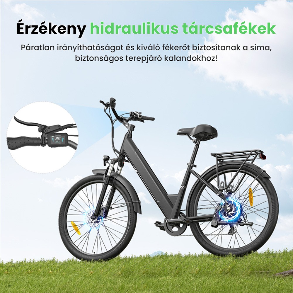 Touroll J1 Pro elektromos ker&eacute;kp&aacute;r, 250 W-os motor, 36 V-os 15,6 Ah-s akkumul&aacute;tor, 27,5 h&uuml;velykes gumiabroncsok, 25 km/h maxim&aacute;lis sebess&eacute;g, 100 km-es hat&oacute;t&aacute;vols&aacute;g, hidraulikus t&aacute;rcsaf&eacute;k, felf&uuml;ggeszt&eacute;s z&aacute;rral, Shimano 7 sebess&eacute;ges v&aacute;lt&oacute;