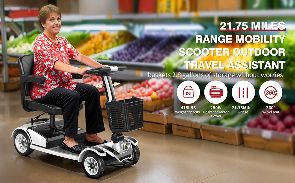 Unificare Mate Vierrad-Scooter f&uuml;r Senioren, 250-W-Motor, 24-V-20-Ah-Akku, 8-Zoll-Vorder- und 9-Zoll-Hinterreifen, 7,8 km/h H&ouml;chstgeschwindigkeit, 35 km Reichweite, Magnetbremse, 190 kg maximale Traglast &ndash; Silber