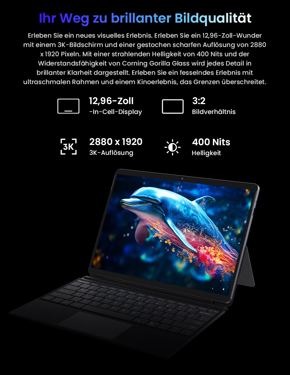 CHUWI Hi10 Max Tablette + Tastatur , Intel N150 4 Kerne, 12,96 Zoll 2880 x 1920 IPS-Touchscreen, 12 GB LPDDR5 RAM 512 SSD, USB-C + Micro HDMI, zweifaches 4K-Display, WiFi6, 8MP + 5MP Kamera, 2 * voll ausgestattete Typ-C, 1 * USB 3.2