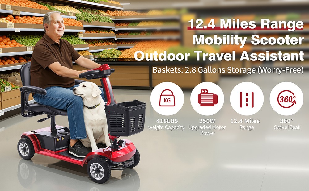 Unificare Unagi Vierrad-Scooter, 250-W-Motor, 24-V-12-Ah-Akku, 8-Zoll-Reifen, 6 km/h H&ouml;chstgeschwindigkeit, 20 km Reichweite, Magnetbremse, 190 kg maximale Tragkraft &ndash; Rot
