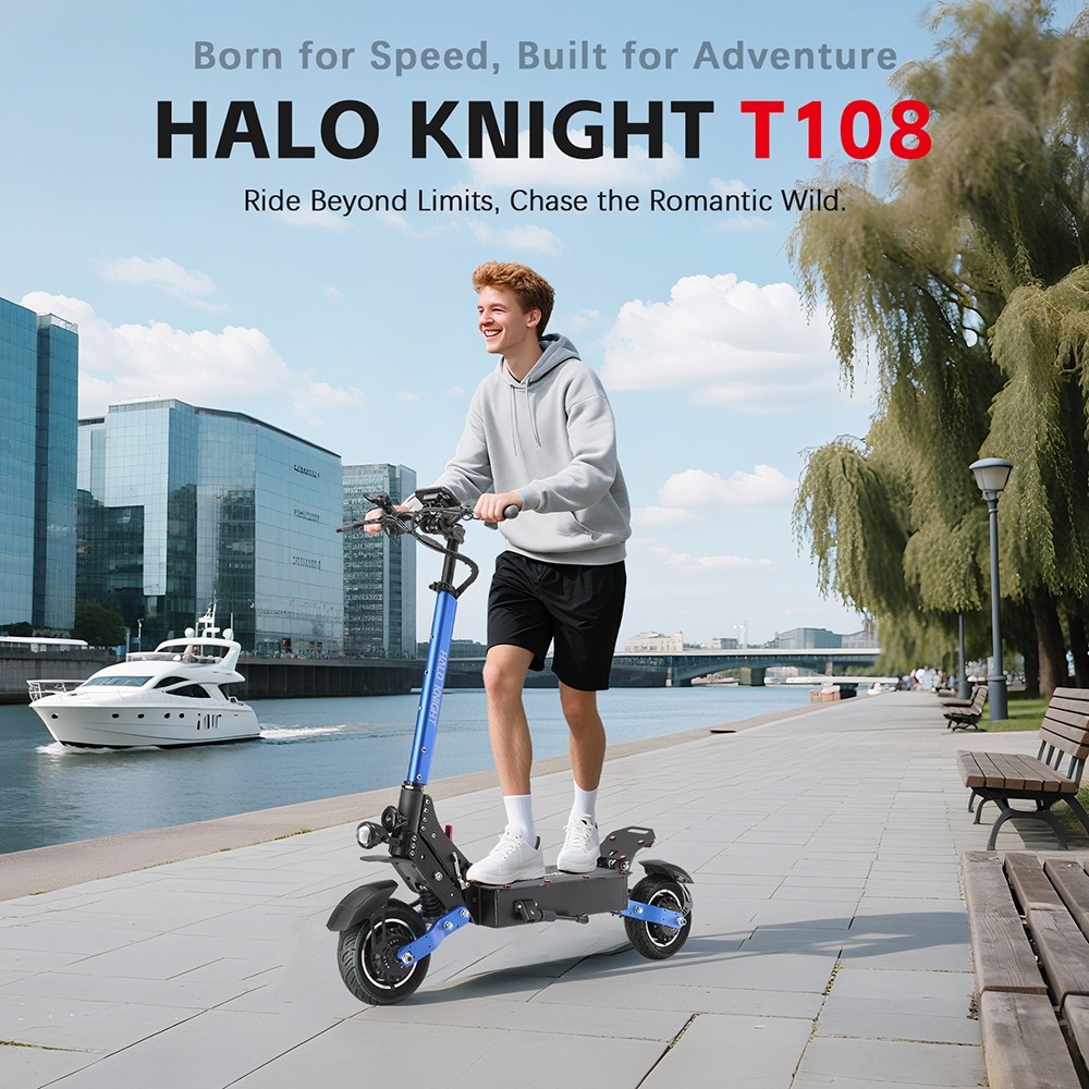 Halo Knight T108 elektromos roller 10 hüvelykes országúti gumiabroncs dupla 1000 W-os motorral 65 km/h maximális sebességgel 52 V 28,8 Ah akkumulátorral 60 km maximális hatótávolsággal 150 kg maximális terheléssel Hidraulikus fék IPX4 vízálló - fekete