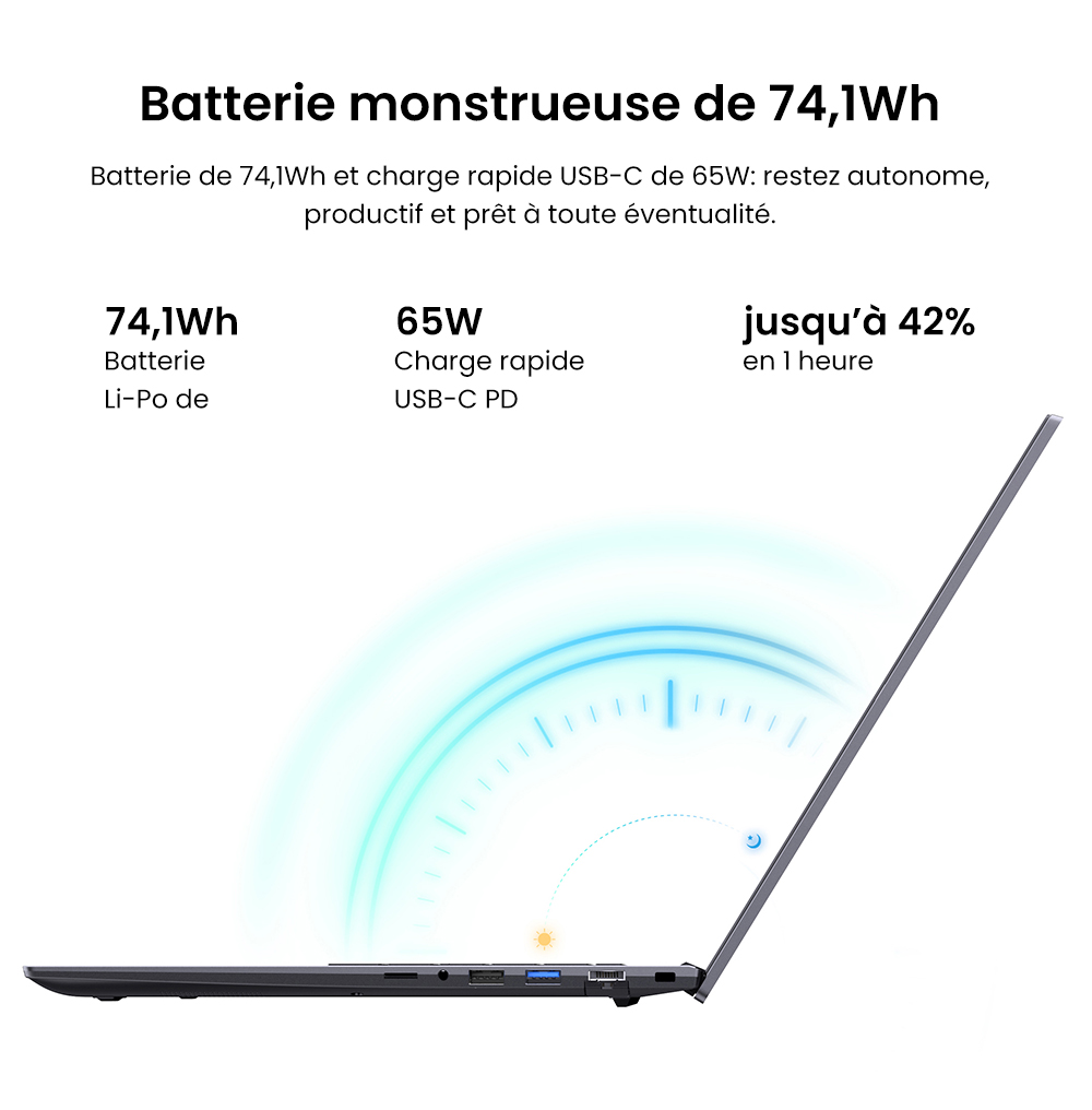 Ordinateur portable CHUWI CoreBook Plus, &eacute;cran IPS 16 pouces 1920 x 1200, AMD Ryzen 5 7430U 6 c&oelig;urs cadenc&eacute; &agrave; 4,3 GHz maximum, 16 Go de RAM, 512 Go de SSD, Wi-Fi 6, Bluetooth 5.2, 2 ports Type-C complets, 2 ports USB 3.2, 1 port USB 2.0, 1 emplacement pour carte TF, 1 port HDMI, 1 port RJ45, 1 port audio