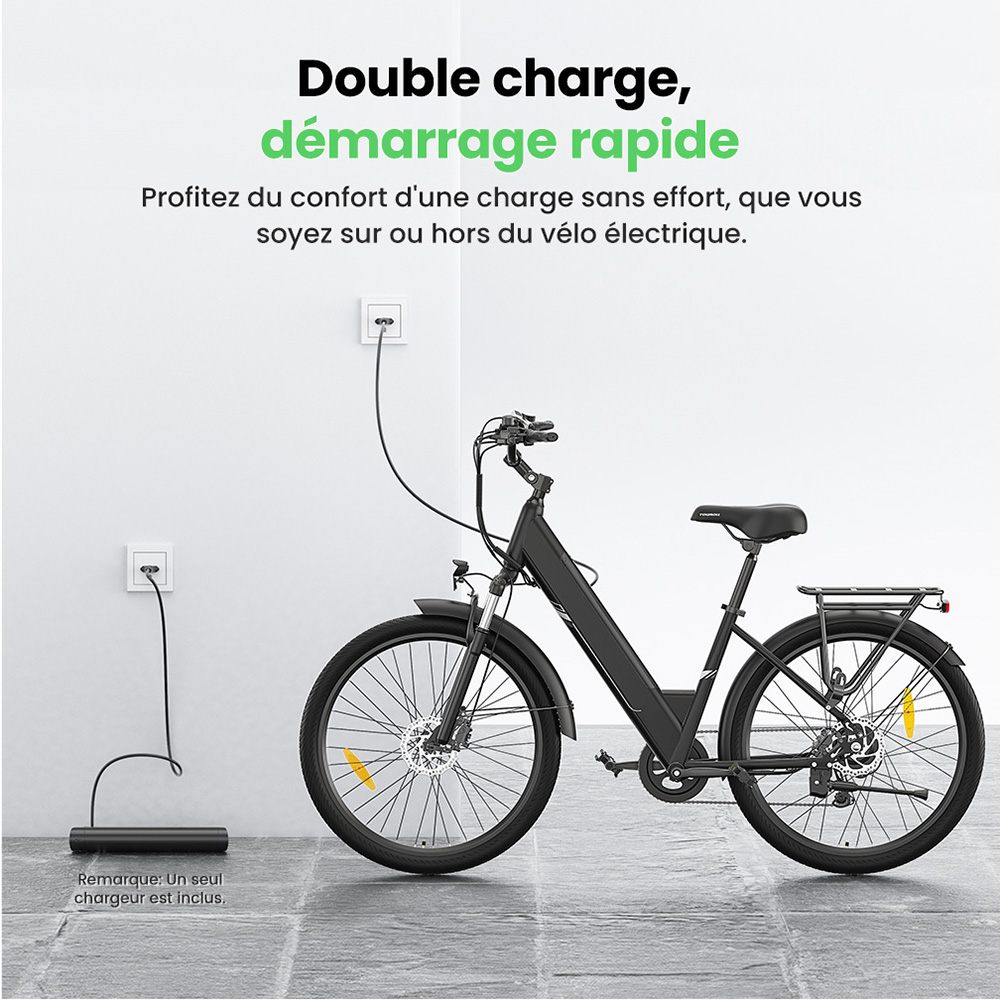 Touroll J1 Pro V&eacute;lo &eacute;lectrique, moteur 250 W, batterie 36 V 15,6 Ah, pneus 27,5 pouces, vitesse maximale 25 km/h, autonomie 100 km, frein &agrave; disque hydraulique, suspension avec blocage, Shimano 7 vitesses