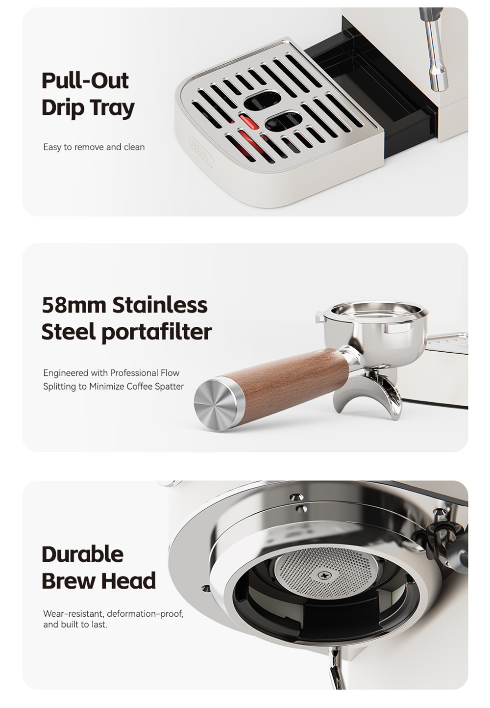 HiBREW H13 Semi-Automatische Kaffeemaschine, Doppelkesselsystem mit 20-Bar-Pumpendruck, Touchscreen, Mehrfunktions-Br&uuml;hmodi, verstellbare Tropfschale - Silber