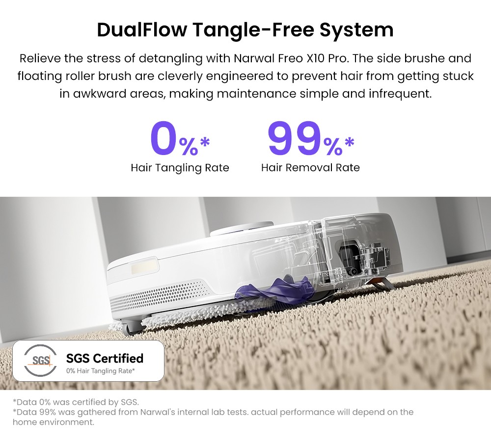 Narwal Freo X10 Pro Robot Vacuum and Mop, 11,000Pa Suction, 120-Day Self-Emptying, Tangle Free, Auto Mop Wash & Dry, Obstacle Avoidance, for Pet Hair and Hard Floor - White