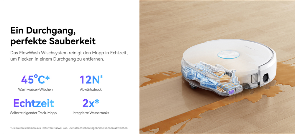 Narwal Freo Flow Saug- und Wischroboter, 22.000Pa Saugleistung, KI-Hindernisvermeidung mit Dual-Kamera, Hei&szlig;wasserwischen, Teppich- & Kantenreinigung, Selbstentleerung, 2,5L Staubbeutel, Sprachsteuerung &ndash; Wei&szlig;