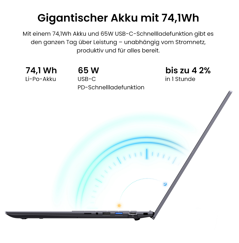 CHUWI CoreBook Plus Laptop, 16 Zoll 1920x1200 IPS Bildschirm, AMD Ryzen 5 7430U 6 Kerne Max 4,3GHz, 16GB RAM 512GB SSD, WiFi 6 Bluetooth 5.2, 2*Voll ausgestattet Typ-C, 2*USB3.2, 1*USB2.0, 1*TF Kartensteckplatz, 1*HDMI, 1*RJ45, 1*Audio