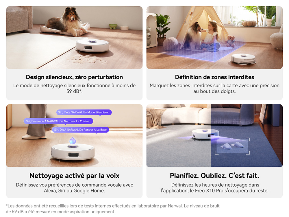 Narwal Freo X10 Pro Aspirateur Robot et Serpilli&egrave;re, Aspiration 11 000Pa, Vidage Automatique 120 Jours, Sans Enchev&ecirc;trement, Lavage & S&eacute;chage Automatiques de la Serpilli&egrave;re, &Eacute;vitement d&rsquo;Obstacles, pour Poils d&rsquo;Animaux et Sols Durs - Blanc