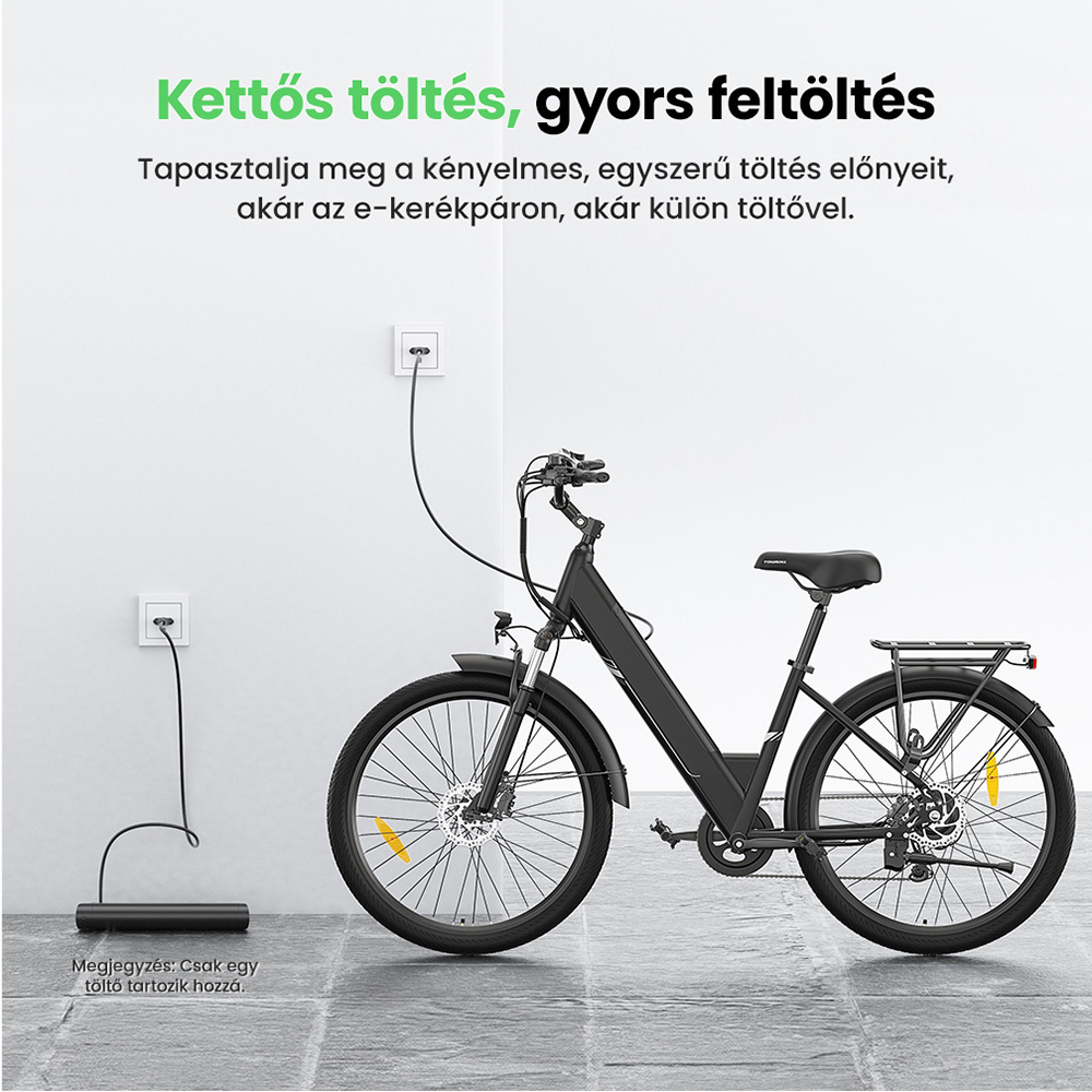 Touroll J1 Pro elektromos ker&eacute;kp&aacute;r, 250 W-os motor, 36 V-os 15,6 Ah-s akkumul&aacute;tor, 27,5 h&uuml;velykes gumiabroncsok, 25 km/h maxim&aacute;lis sebess&eacute;g, 100 km-es hat&oacute;t&aacute;vols&aacute;g, hidraulikus t&aacute;rcsaf&eacute;k, felf&uuml;ggeszt&eacute;s z&aacute;rral, Shimano 7 sebess&eacute;ges v&aacute;lt&oacute;