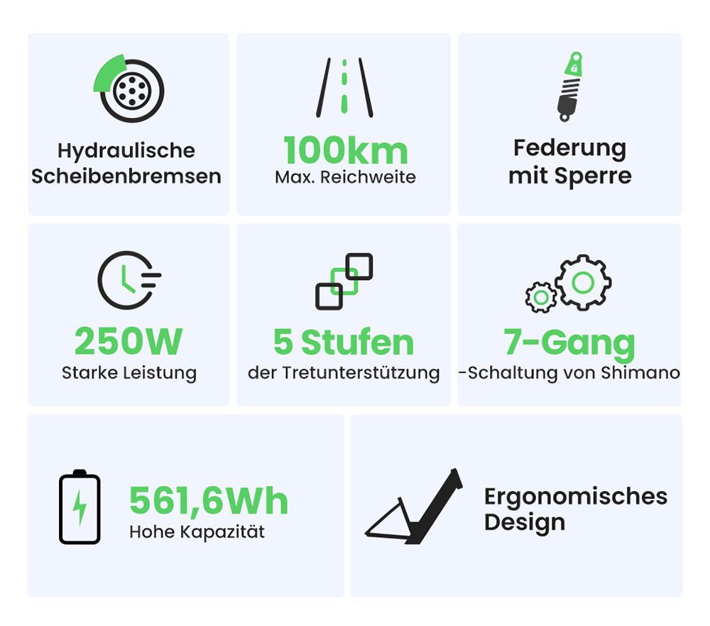 Toroll J1 Pro Elektrofahrrad, 250-W-Motor, 36-V-15,6-Ah-Akku, 27,5-Zoll-Reifen, 25 km/h H&ouml;chstgeschwindigkeit, 100 km Reichweite, hydraulische Scheibenbremse, Federung mit Sperre, Shimano 7-Gang