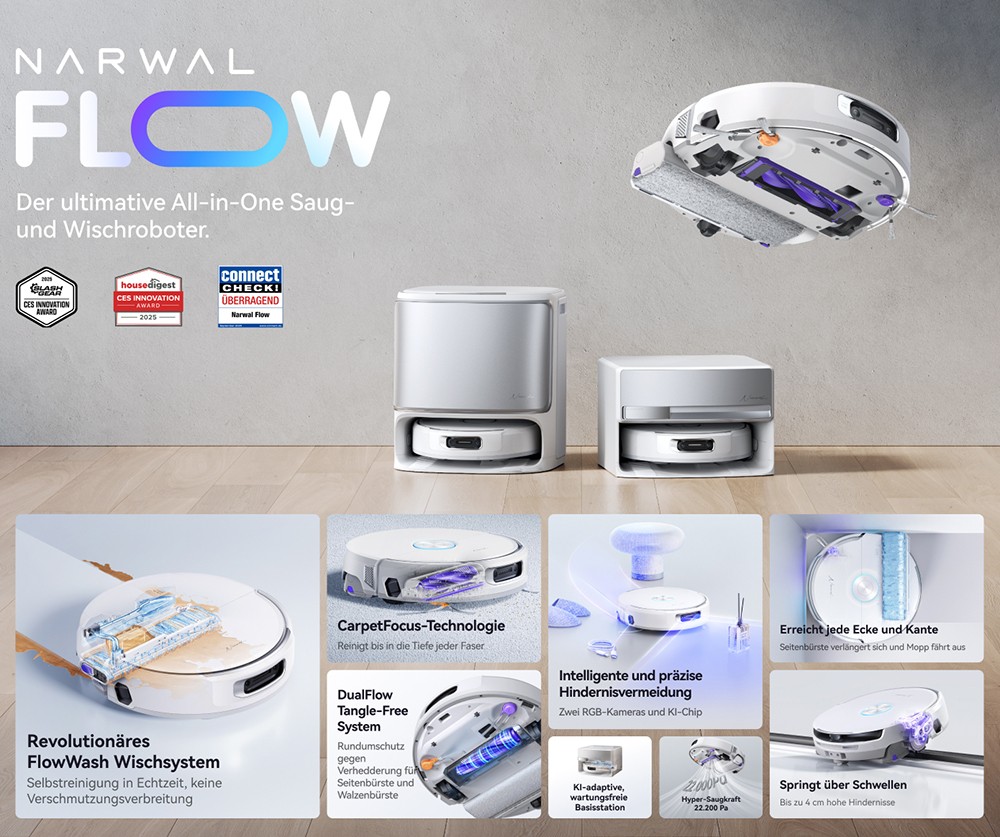 Narwal Freo Flow Saug- und Wischroboter, 22.000Pa Saugleistung, KI-Hindernisvermeidung mit Dual-Kamera, Hei&szlig;wasserwischen, Teppich- & Kantenreinigung, Selbstentleerung, 2,5L Staubbeutel, Sprachsteuerung &ndash; Wei&szlig;