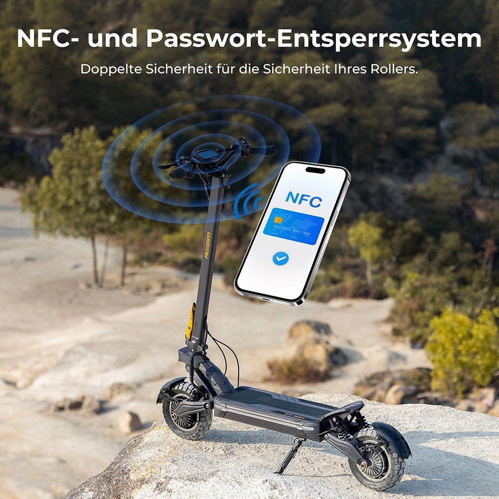 Ausom F1 Max Elektroroller, 2 x 1400 W Motor, 60 V 20,8 Ah Akku, 10 Zoll Reifen, 72 km/h H&ouml;chstgeschwindigkeit, 100 km maximale Reichweite, hydraulische Scheibenbremsen vorne und hinten, NFC- und Passcode-Sperre